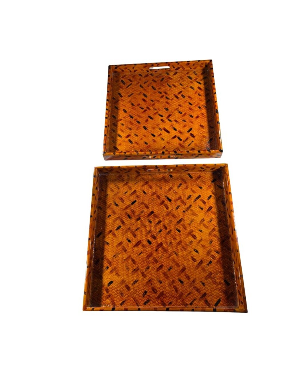 Set Of 2 Decorative Square Serving Trays With Handles Woven Pattern Orange Black